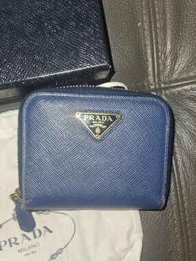 Prada Blue Saffiano Leather Zip Compact Wallet